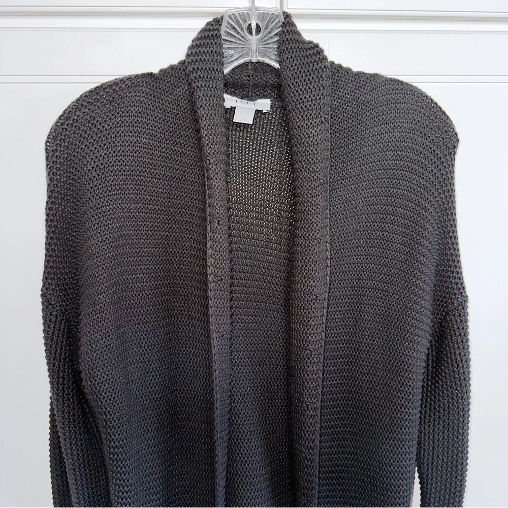 LOFT Black Cotton Cardigan Shawl Collar With Pockets Waffle Weave Knit